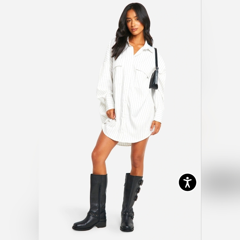 NWT Boohoo Petite Oversized White W/ Black Stripe Button Down Shirt Dress - 2P - Picture 3 of 10